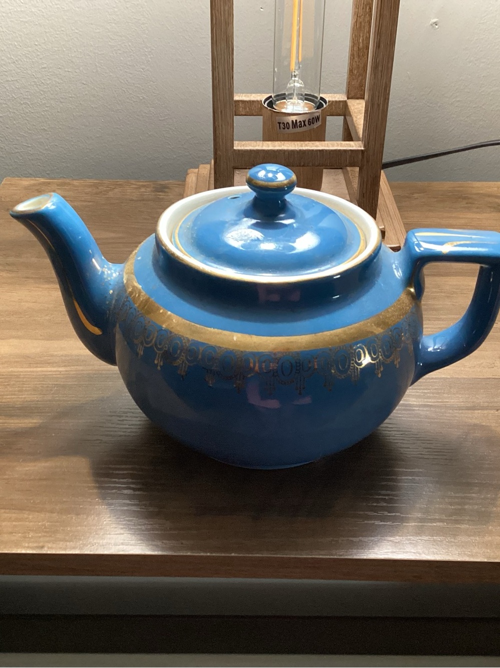 Classic Blue Ceramic Teapot with Gold Band design  by Hall Made in USA